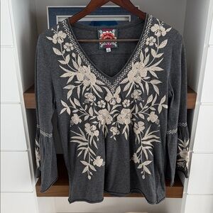 Johnny Was Charcoal Floral Embroidered Blouse